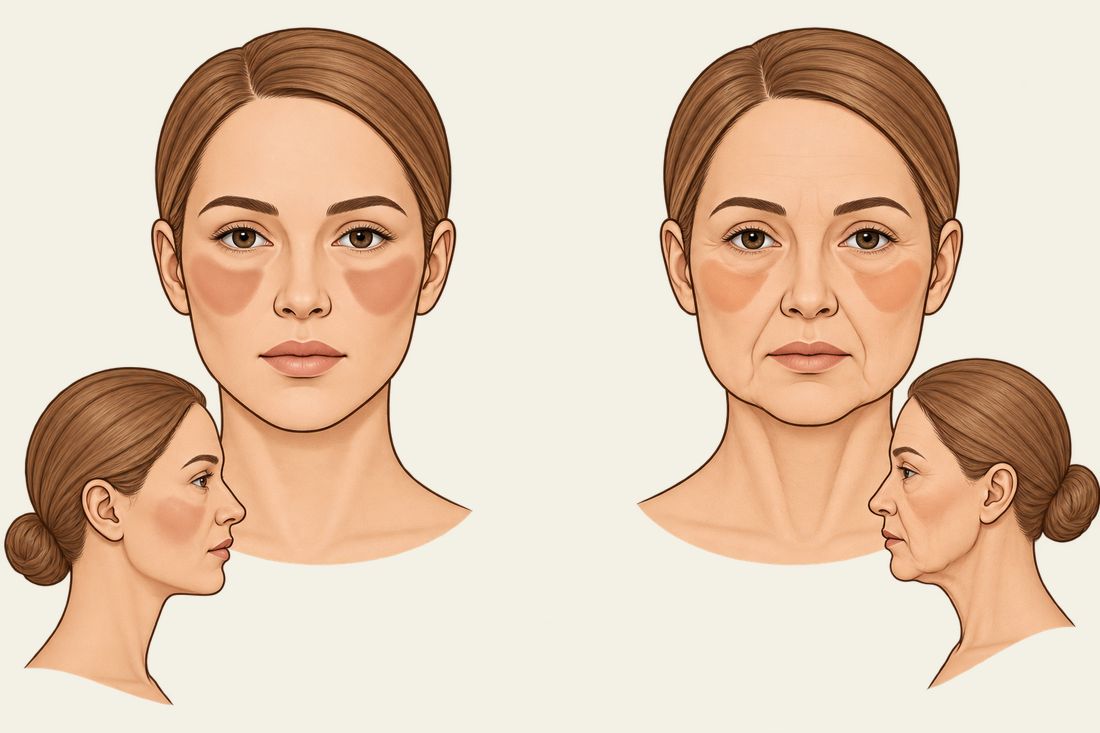 Ilustração de um mesmo rosto jovem e envelhecido